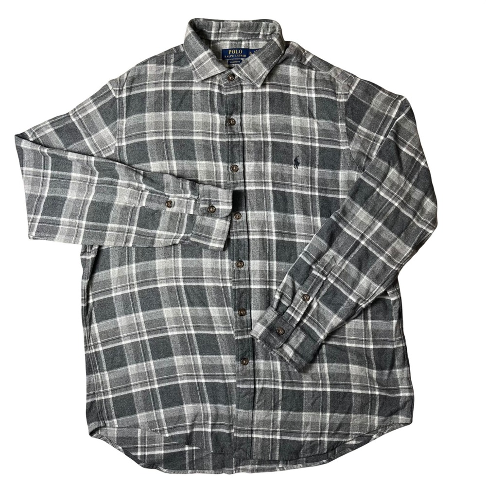 Polo Ralph‎ Lauren Flannel Shirt Mens XL Grey Plaid Classic Fit Button Down